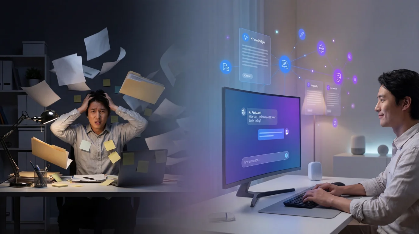 Firmenwissen durchsuchbar machen: Links überforderte Person im Papierchaos, rechts entspannte Nutzung eines KI-Chat-Agents