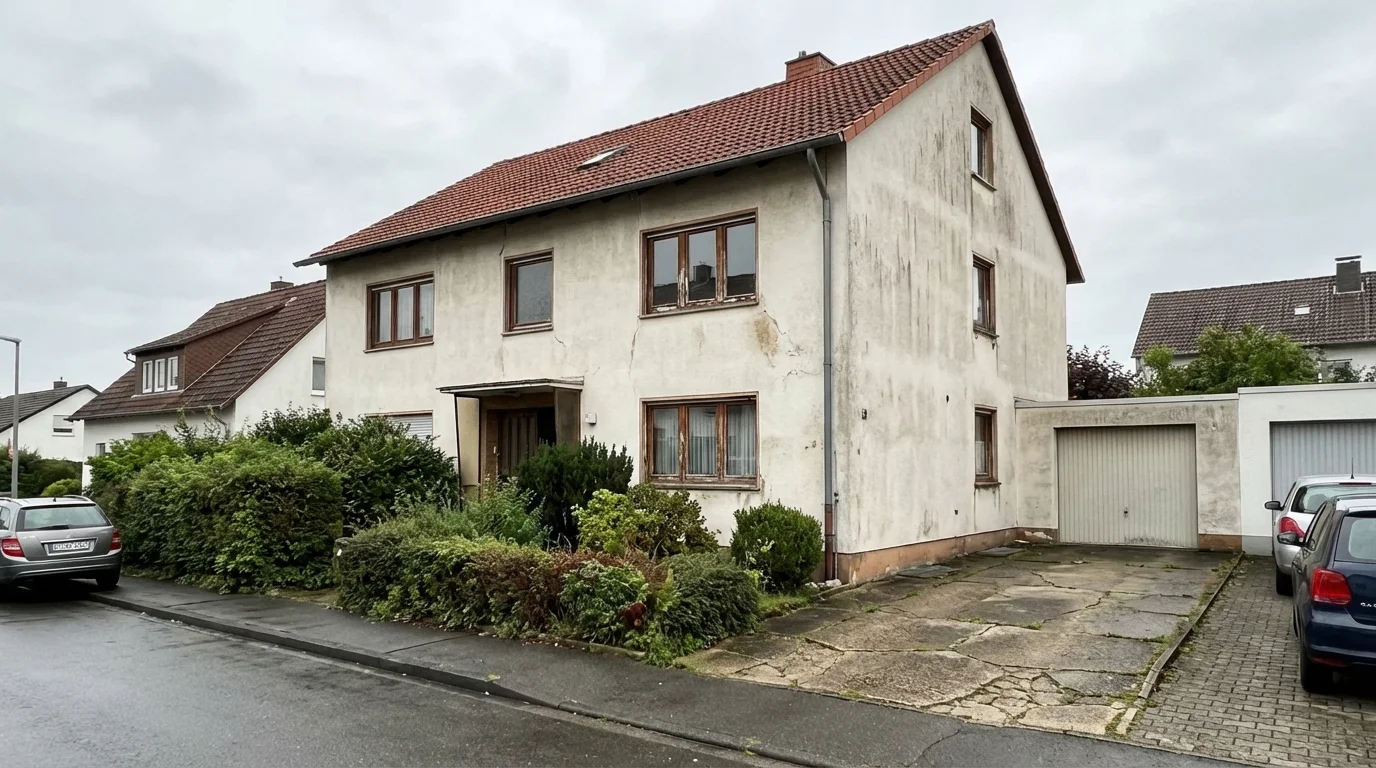 Verwitterte Hausfassade vor der Renovierung – grauer Putz, sichtbare Gebrauchsspuren