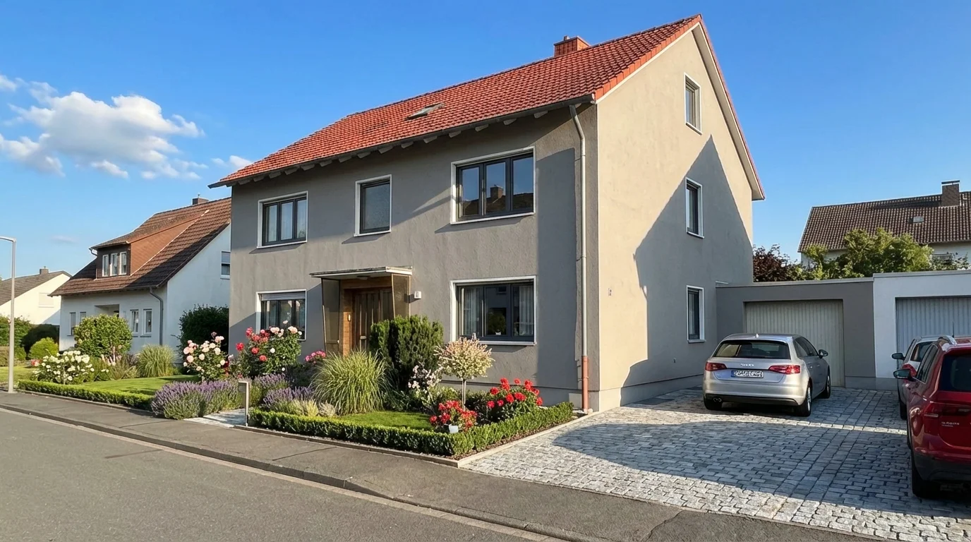 Dieselbe Hausfassade nach KI-Visualisierung – frischer Anstrich in warmem Farbton mit gepflegtem Vorgarten
