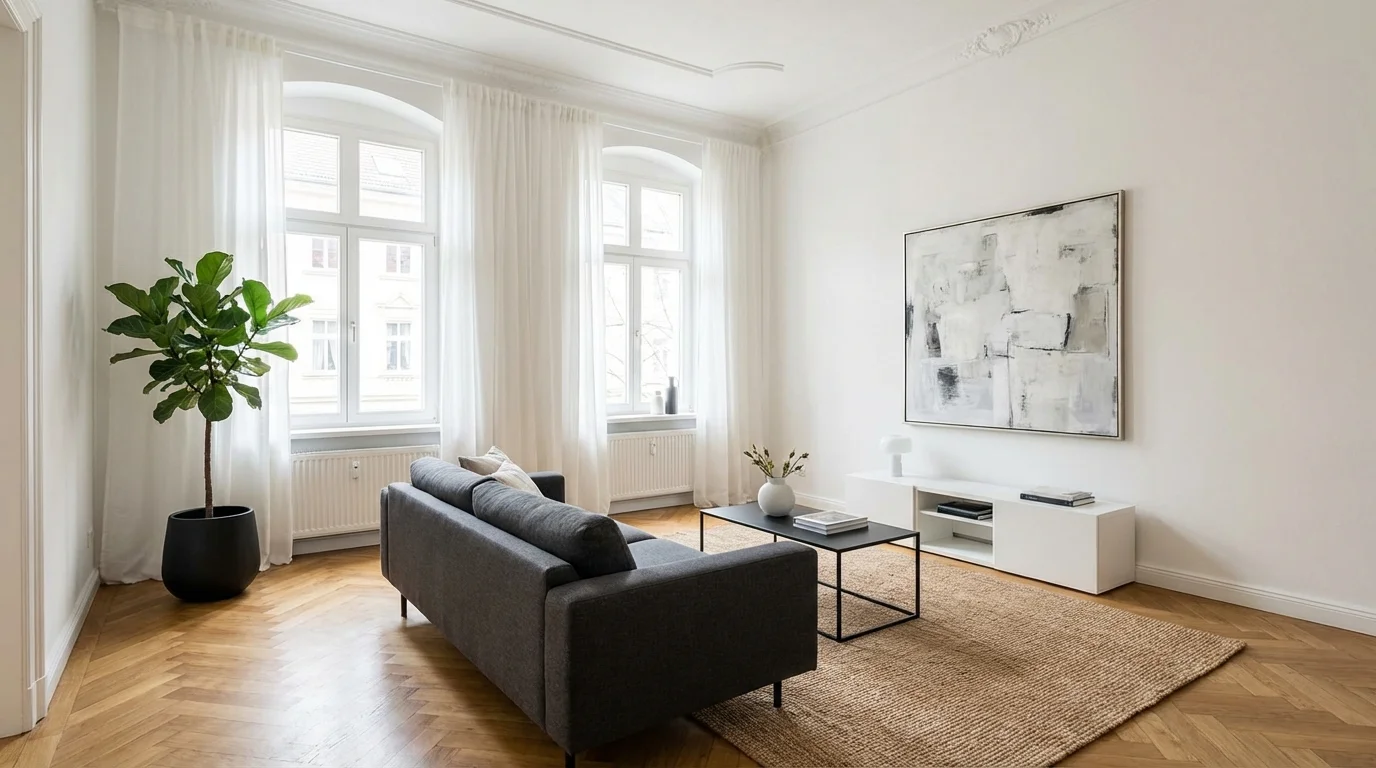 Wohnzimmer im modernen Stil – klare Linien, graues Sofa, abstrakte Kunst