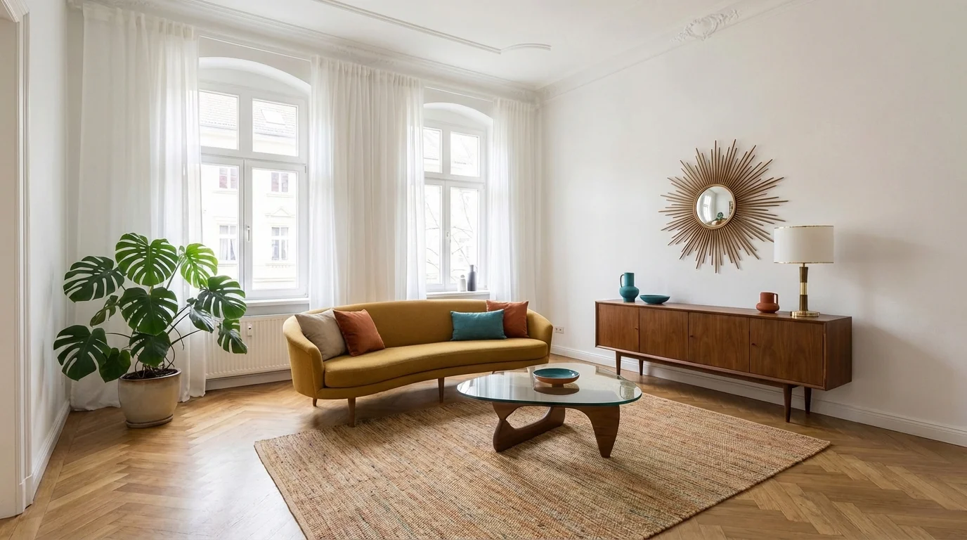 Dasselbe Wohnzimmer im Mid-Century-Stil – Senfgelbes Sofa, Walnuss-Sideboard, Sunburst-Spiegel