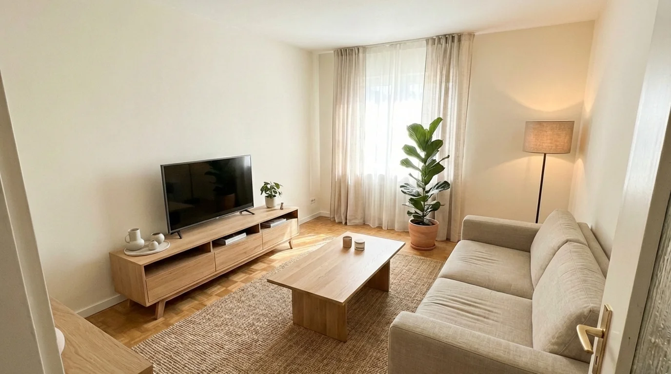 Dasselbe Wohnzimmer nach KI-Stilmigration – helle Japandi-Einrichtung mit Naturmaterialien