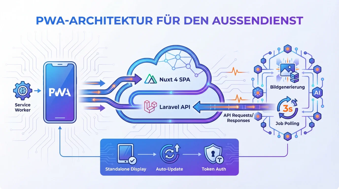 PWA-Architektur für den Außendienst: Smartphone mit Service Worker verbindet sich über Nuxt 4 SPA und Laravel API mit Bildgenerierung und Job Polling, darunter Standalone Display, Auto-Update und Token Auth