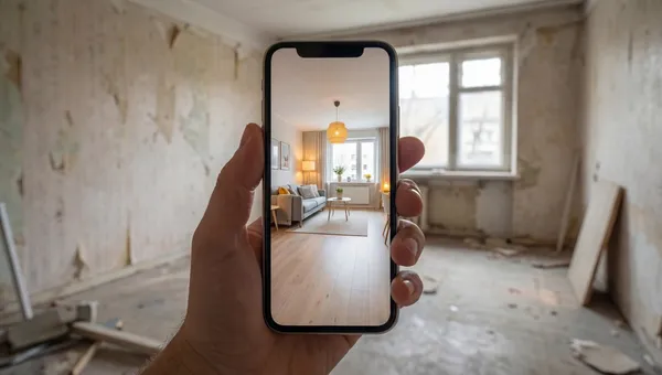 PWA für Immobilienmakler: Smartphone zeigt möblierte Wohnung vor renovierungsbedürftigem Raum